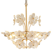 Illuminated 6-light glass flower chandelier with clear ribbed petals and brushed gold frame