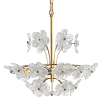 Front view of brushed gold 6-light chandelier with clear ribbed glass flower petals