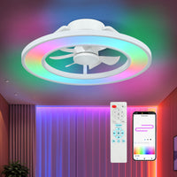 Modern White Low-Profile Flush Mount Ceiling Fan with RGB LED Light – 20 Inch