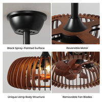 Wood caged ceiling fan details showing black finish, reversible motor, wood cage and removable fan blades