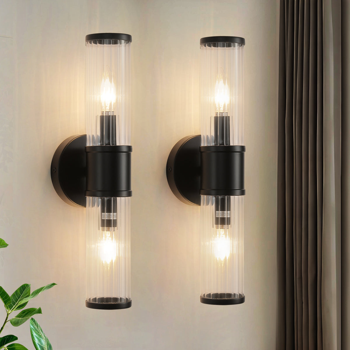 Matte black ribbed glass 2-light wall sconces set of 2