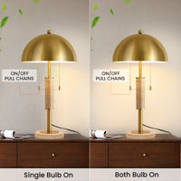 Modern Brushed Gold Mushroom Table Lamp with Travertine Base – 24 Inch, 2-Light