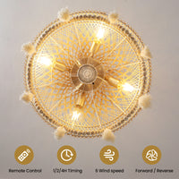 Ceiling fan with decorative lights and pom-poms on a plain background