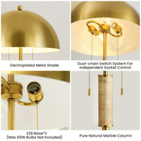 Modern Brushed Gold Mushroom Table Lamp with Travertine Base – 24 Inch, 2-Light