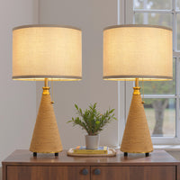 Farmhouse rattan-finish table lamp set of 2 with beige linen shades styled on a wooden cabinet
