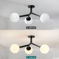 Black 3-light semi-flush ceiling light shown with lights off and on