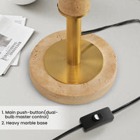 Modern Brushed Gold Mushroom Table Lamp with Travertine Base – 24 Inch, 2-Light