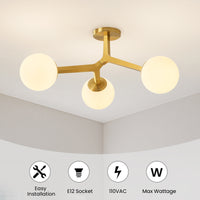 Gold semi-flush ceiling light with durability, UL listing, voltage and wattage features