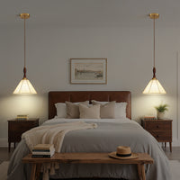 Retro walnut wood-colored fabric cone chandelier