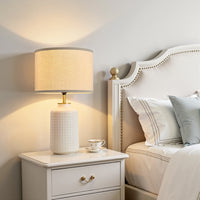 Farmhouse Textured Ceramic Table Lamp with Linen Shade – 23 Inch