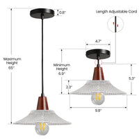 Pendant light fixture with dimensions and adjustable cord features on a white background