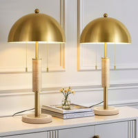 Modern Brushed Gold Mushroom Table Lamp with Travertine Base – 24 Inch, 2-Light
