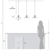 Measurement chart showing pendant lights, a bar height table, and a person's silhouette for scale.