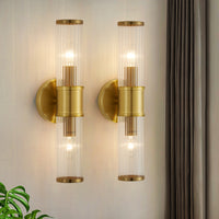 Brushed gold ribbed glass 2-light wall sconces set of 2