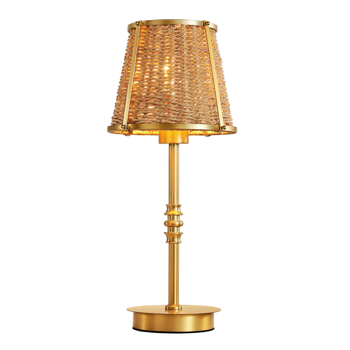 Mid-century gold rattan table lamp with woven brown shade and brushed aluminum base