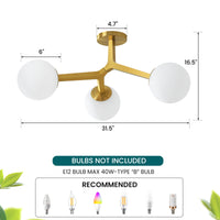 Gold 3-light semi-flush mount ceiling light dimensions diagram