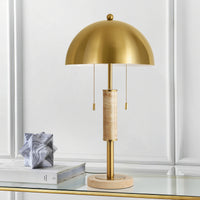 Modern Brushed Gold Mushroom Table Lamp with Travertine Base – 24 Inch, 2-Light