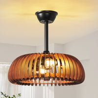 Walnut wood caged ceiling fan with light installed on ceiling with warm bulbs illuminated