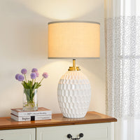Farmhouse Faceted Ceramic Table Lamp with Linen Shade – 23 Inch
