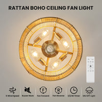 Boho Natural Rattan Caged Ceiling Fan with Light – 20 Inch, Downrod Mount, 4-Light
