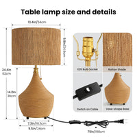 24.4-inch boho rattan table lamp size diagram with E26 socket, pull chain and 75-inch cord