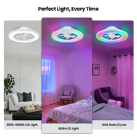 Modern White Low-Profile Flush Mount Ceiling Fan with RGB LED Light – 20 Inch