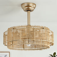 Boho Natural Rattan Caged Ceiling Fan with Light – 20 Inch, Downrod Mount, 4-Light