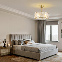 Floral caged ceiling fan with light installed in a modern living room