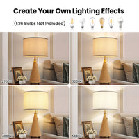 Farmhouse table lamp shown with 2700K, 3000K, 4000K and 5000K E26 bulb lighting examples, bulbs not included