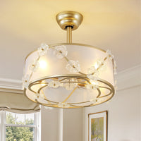 Gold-tone floral caged ceiling fan with illuminated linen shade and glass flower accents