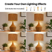 Boho rattan table lamp shown with example E26 bulb lighting effects from 2700K to 5000K