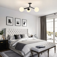 Black frosted glass globe semi-flush ceiling light in modern bedroom