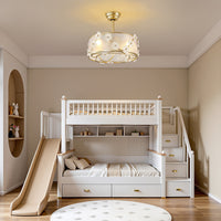 Floral caged ceiling fan with light installed in a modern bedroom