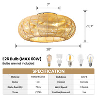 Boho Handwoven Rattan Caged Ceiling Fan with Light – 20 Inch, 4-Light
