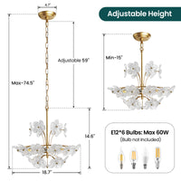 Glass flower chandelier size diagram showing 18.7-inch width and adjustable hanging height