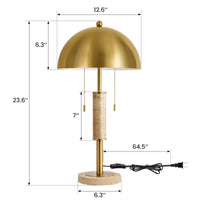 Modern Brushed Gold Mushroom Table Lamp with Travertine Base – 24 Inch, 2-Light