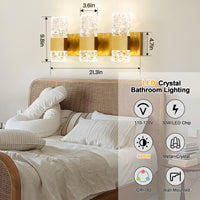 Brushed Gold clear wavy crystal LED wall sconce dimension and feature infographic