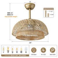 Dimension graphic for the gold rattan ceiling fan with light showing adjustable height, E26 bulbs, 110-120V, and max 60W