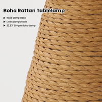 Close-up of natural rattan-finish texture wrapped around the tapered farmhouse table lamp base