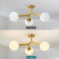 Gold 3-light semi-flush ceiling light shown with lights off and on
