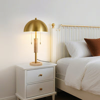 Modern Brushed Gold Mushroom Table Lamp with Travertine Base – 24 Inch, 2-Light