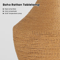 Close-up of woven natural rattan rope texture on the vase-shaped table lamp base