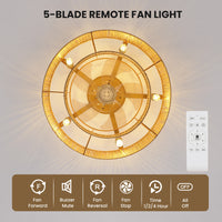 Boho Rattan Caged Ceiling Fan with Light – 20 Inch, 5-Light