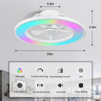 Modern White Low-Profile Flush Mount Ceiling Fan with RGB LED Light – 20 Inch