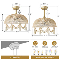 Dimensions and specifications of a decorative ceiling light fixture with wicker shade and tassels.