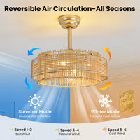 Boho Natural Rattan Caged Ceiling Fan with Light – 20 Inch, Downrod Mount, 4-Light