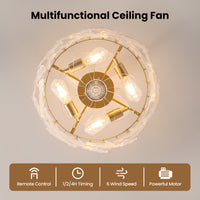 Modern Brushed Gold Ginkgo Leaf Glass Caged Ceiling Fan with Light – 19 Inch