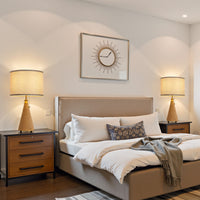 Farmhouse rattan-finish table lamp set of 2 with beige linen shades on bedside tables in a bedroom