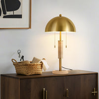 Modern Brushed Gold Mushroom Table Lamp with Travertine Base – 24 Inch, 2-Light