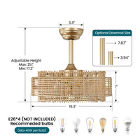 Boho Natural Rattan Caged Ceiling Fan with Light – 20 Inch, Downrod Mount, 4-Light